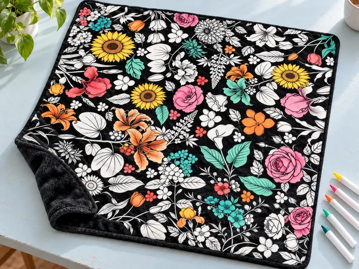 Manta para pintar con el dibujo Jardín, en parte pintada con rotuladores para tela