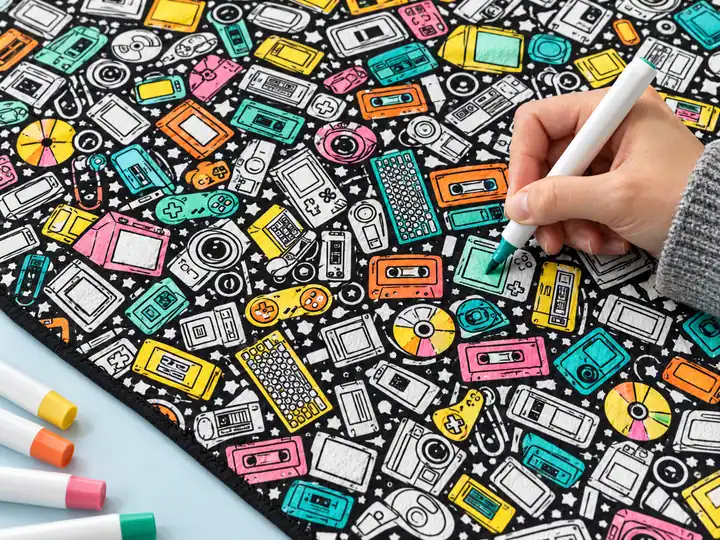 Una mano pinta con un rotulador para tela la manta con el dibujo Retro, ya en parte coloreada