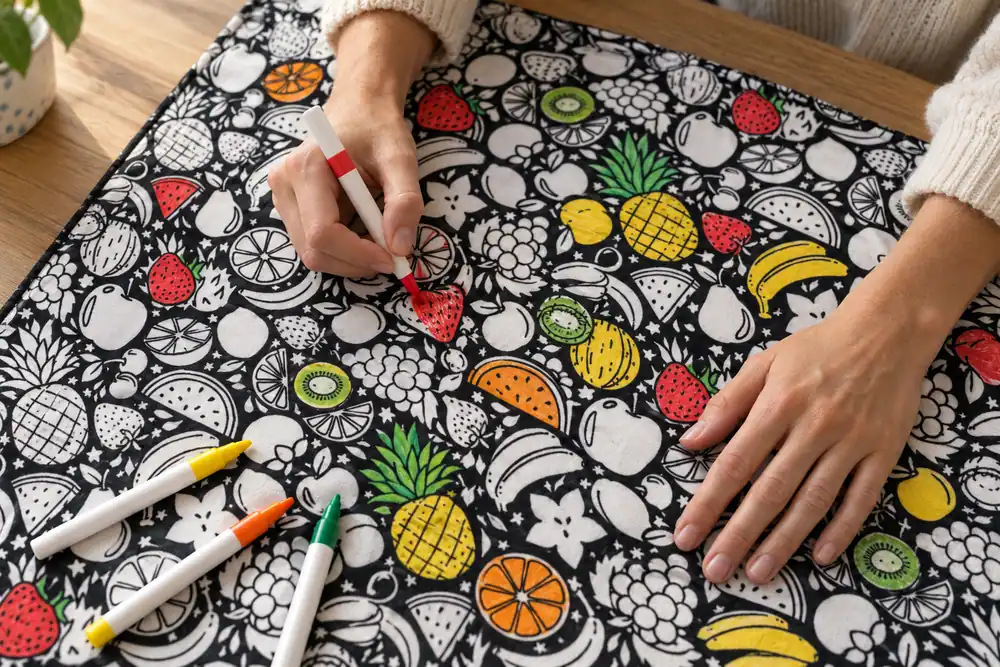 Primer plano de dos manos: una rellena una fresa con un rotulador para tela rojo en la manta con el dibujo Frutería